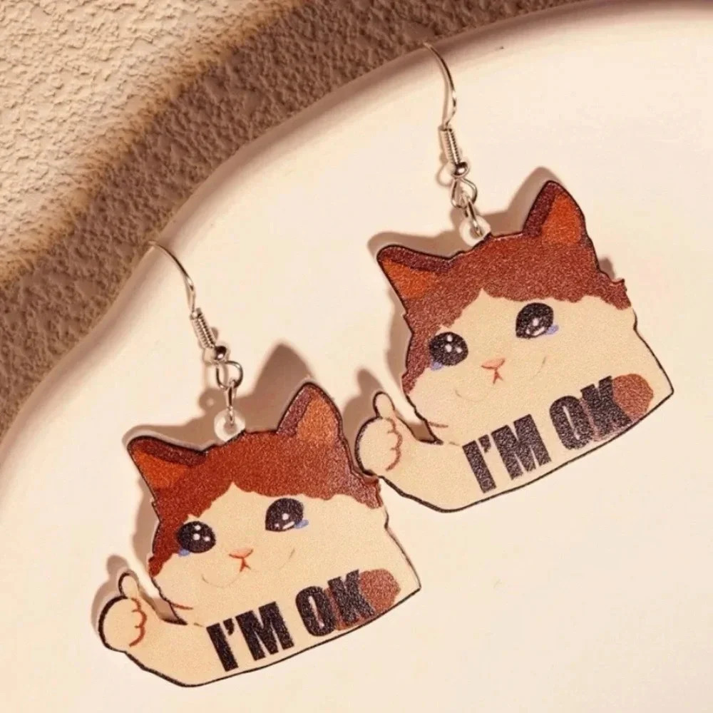Cartoon Cat “I’M OK” Thumbs Up Acrylic Hook Dangle Earrings